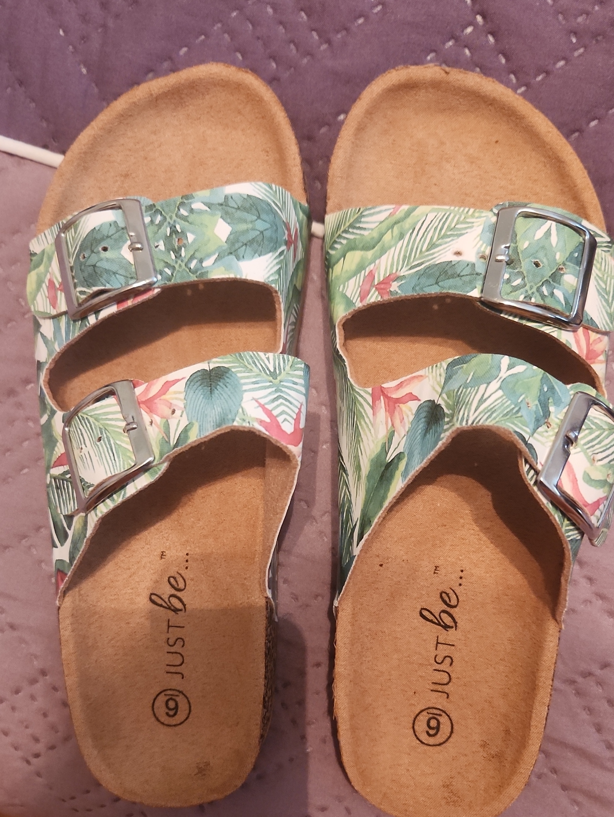 Just Be Tropical Leaf Double-Buckle Slide Sandals - Green & Pink
